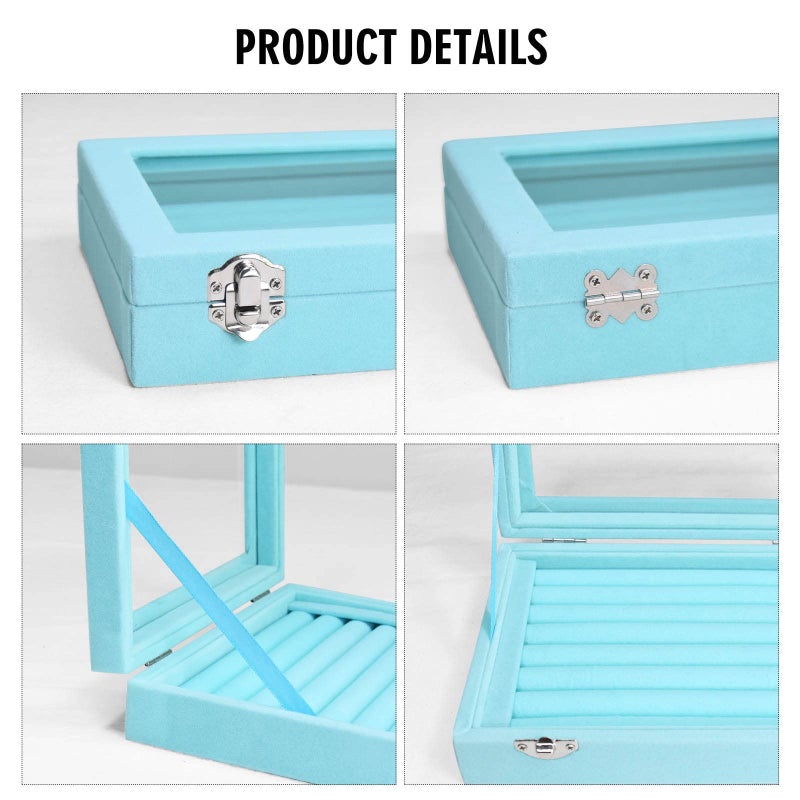 Vicoter Rings Organizer Tray 7 Slots Velvet Jewelry Earring Storage Box with Transparent lid Jewelry Display Case for Girls Wife Mom Women (Light Blue) - Image 4