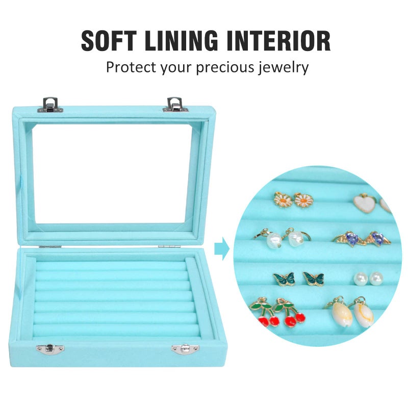 Vicoter Rings Organizer Tray 7 Slots Velvet Jewelry Earring Storage Box with Transparent lid Jewelry Display Case for Girls Wife Mom Women (Light Blue) - Image 3