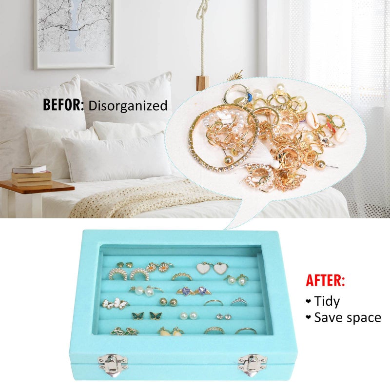 Vicoter Rings Organizer Tray 7 Slots Velvet Jewelry Earring Storage Box with Transparent lid Jewelry Display Case for Girls Wife Mom Women (Light Blue) - Image 5
