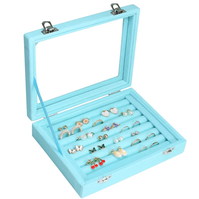 Vicoter Rings Organizer Tray 7 Slots Velvet Jewelry Earring Storage Box with Transparent lid Jewelry Display Case for Girls Wife Mom Women (Light Blue) - Image 1