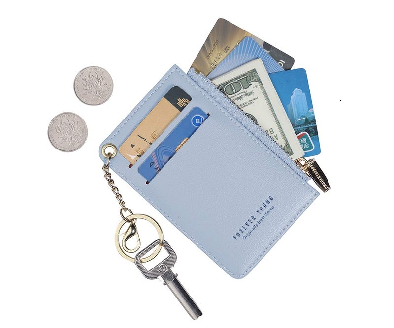 Prometheism Small Wallets for Women Slim Leather Card Case Holder Wallet Coin Change Purse with Keychain (Blue) - Image 1