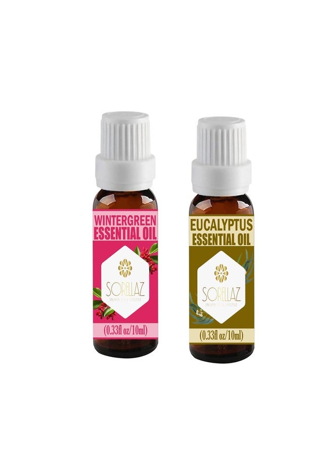 Sorellaz Combo Pack of Wintergreen Essential Oil l Gaultheria Procumbens & Eucalyptus Essential oil l EucalyptusGlobulus l 0.33fl oz/10ml each l 100% Natural & Undiluted l with Easy to Use EuroDropper - Image 1