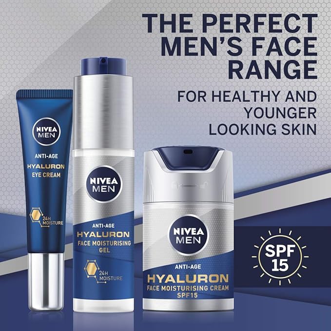 NIVEA MEN AntiAge Hyaluron Face Moisturising Gel 50ml Mens Moisturiser with Hyaluronic Acid and ProRetinol Visibly Reduces Deep Wrinkles Hydrates and Firms Skin