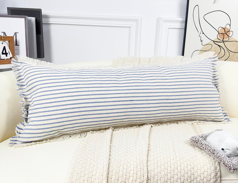 PANOD Boho Extra Long Lumbar Pillow Cover 14x36 Cotton Linen Decorative Long Lumbar Throw Pillow Case for Bed Sofa Couch Farmhouse Livingroom Long Body Pillow Case Cover Light Blue - Image 1