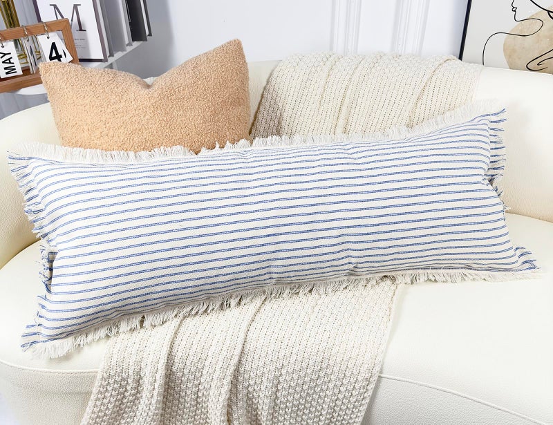 PANOD Boho Extra Long Lumbar Pillow Cover 14x36 Cotton Linen Decorative Long Lumbar Throw Pillow Case for Bed Sofa Couch Farmhouse Livingroom Long Body Pillow Case Cover Light Blue - Image 3