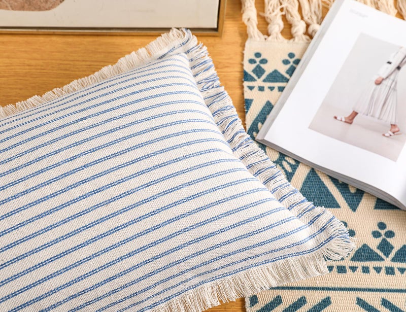 PANOD Boho Extra Long Lumbar Pillow Cover 14x36 Cotton Linen Decorative Long Lumbar Throw Pillow Case for Bed Sofa Couch Farmhouse Livingroom Long Body Pillow Case Cover Light Blue - Image 4
