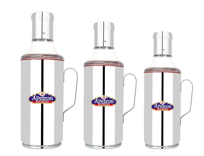 Apeiron Stainless Steel Oil Dispenser 1000 Ml 750 Ml 500 Ml Silver with Handle Inner Colour Red 3 Piece