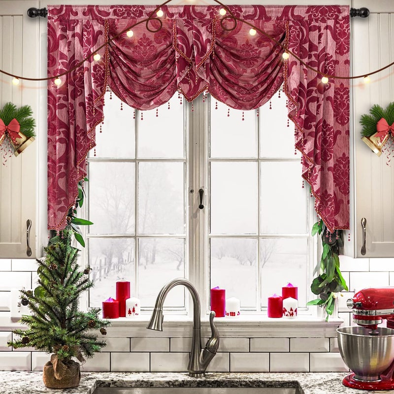 NAPEARL Red Valance for Windows-Christmas Decoration Swag Curtains for Living Room, Damask Waterfall Valance Curtains with Beads for Bedroom, 61-Inch Wide - Image 1