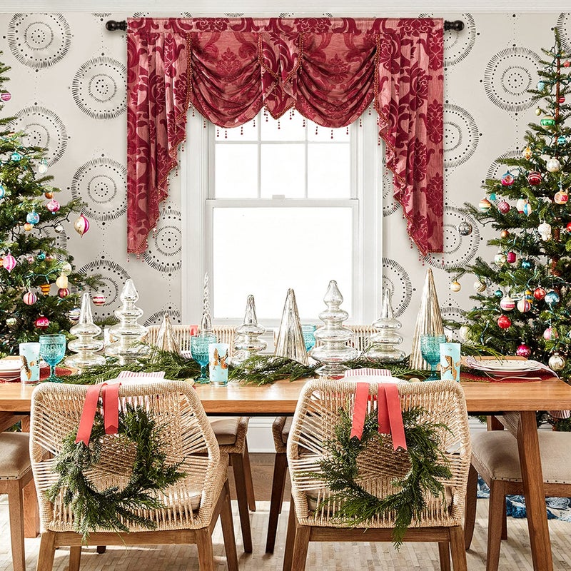 NAPEARL Red Valance for Windows-Christmas Decoration Swag Curtains for Living Room, Damask Waterfall Valance Curtains with Beads for Bedroom, 61-Inch Wide - Image 3