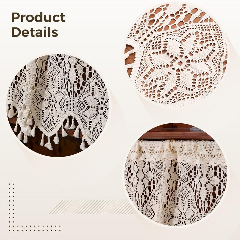 Country Style Kitchen Cabinet Curtains, Short Window Treatment For Cafe Door, Cotton Lace Curtain Handmade Crochet Valance With Tassels, Vintage Rod Pocket - Image 2