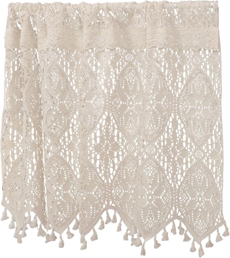Country Style Kitchen Cabinet Curtains, Short Window Treatment For Cafe Door, Cotton Lace Curtain Handmade Crochet Valance With Tassels, Vintage Rod Pocket - Image 1