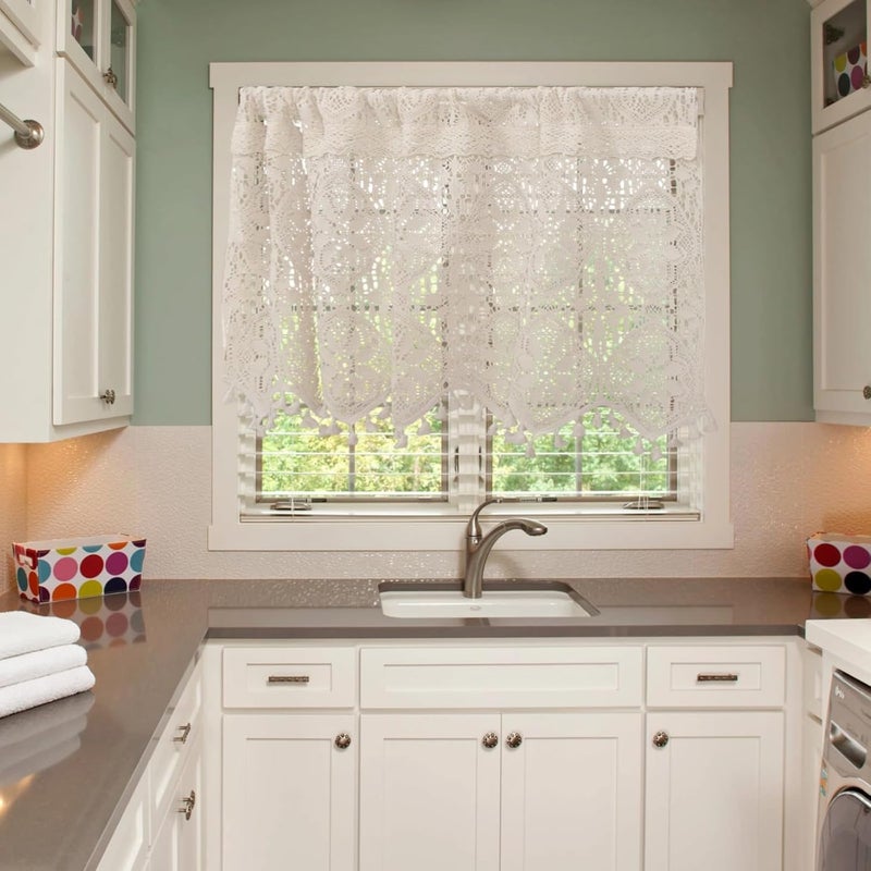 Country Style Kitchen Cabinet Curtains, Short Window Treatment For Cafe Door, Cotton Lace Curtain Handmade Crochet Valance With Tassels, Vintage Rod Pocket - Image 4