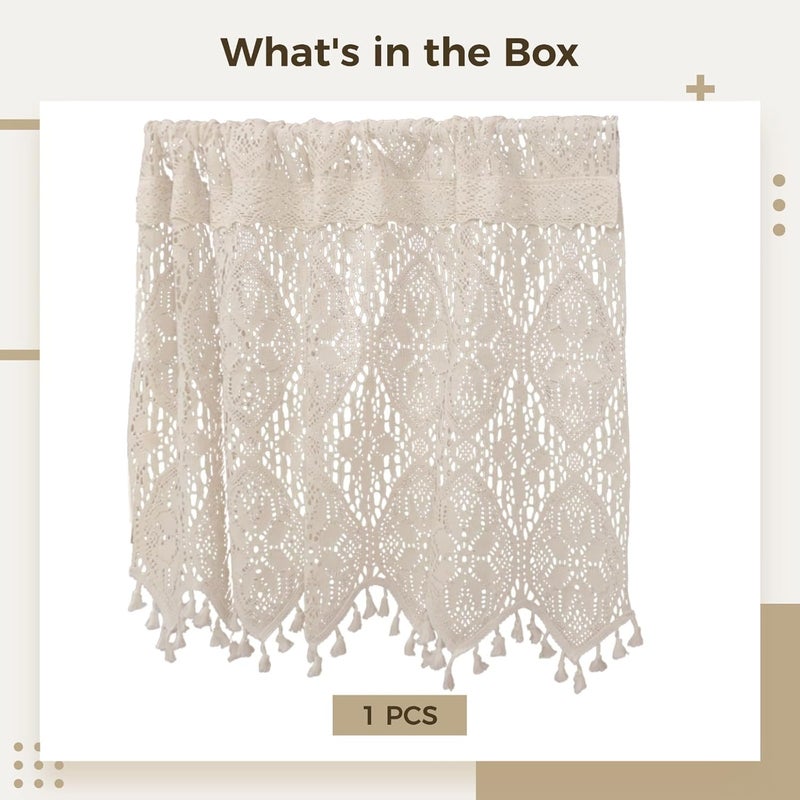 Country Style Kitchen Cabinet Curtains, Short Window Treatment For Cafe Door, Cotton Lace Curtain Handmade Crochet Valance With Tassels, Vintage Rod Pocket - Image 5