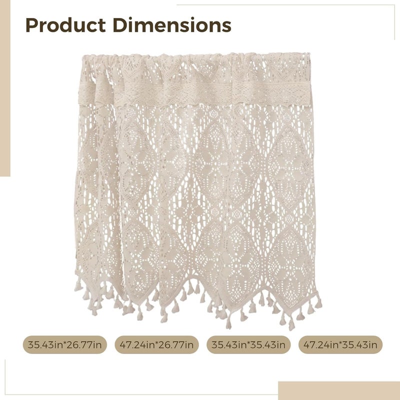 Country Style Kitchen Cabinet Curtains, Short Window Treatment For Cafe Door, Cotton Lace Curtain Handmade Crochet Valance With Tassels, Vintage Rod Pocket - Image 3