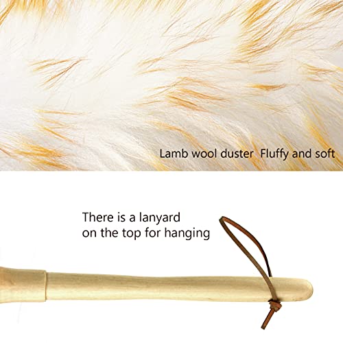 iHUFeather Lambswool Duster 14'' Length Solid Wooden Handle Leather Hang Strap for Cleaning Ceiling Fans Window Blinds Computer Furniture Figurines TV Natural Feather Duster,Yellow+White - Image 3