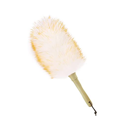 iHUFeather Lambswool Duster 14'' Length Solid Wooden Handle Leather Hang Strap for Cleaning Ceiling Fans Window Blinds Computer Furniture Figurines TV Natural Feather Duster,Yellow+White - Image 1