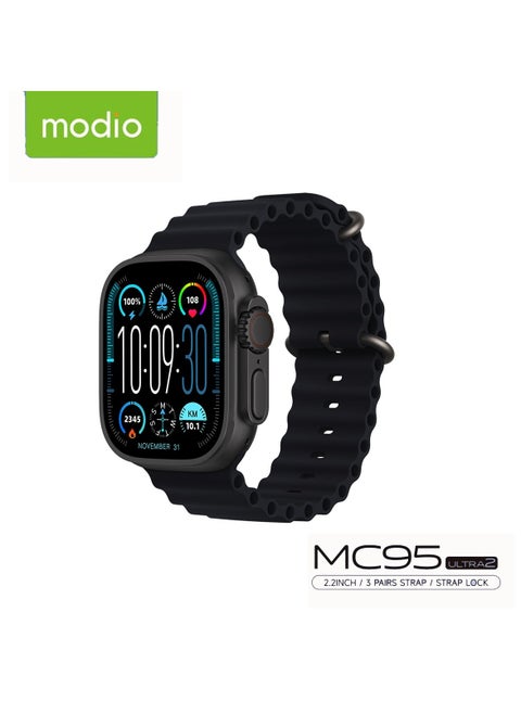 Modio MC95 Ultra 2 2.2 Inch Full Screen Display Smart Watch With 3 Straps and Wireless Charger For Ladies and Gents Black