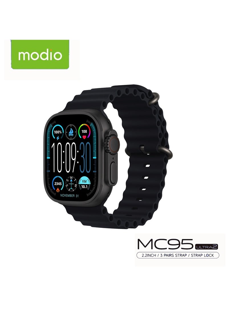 Modio MC95 Ultra 2 2.2 Inch Full Screen Display Smart Watch With 3 Straps and Wireless Charger For Ladies and Gents Black