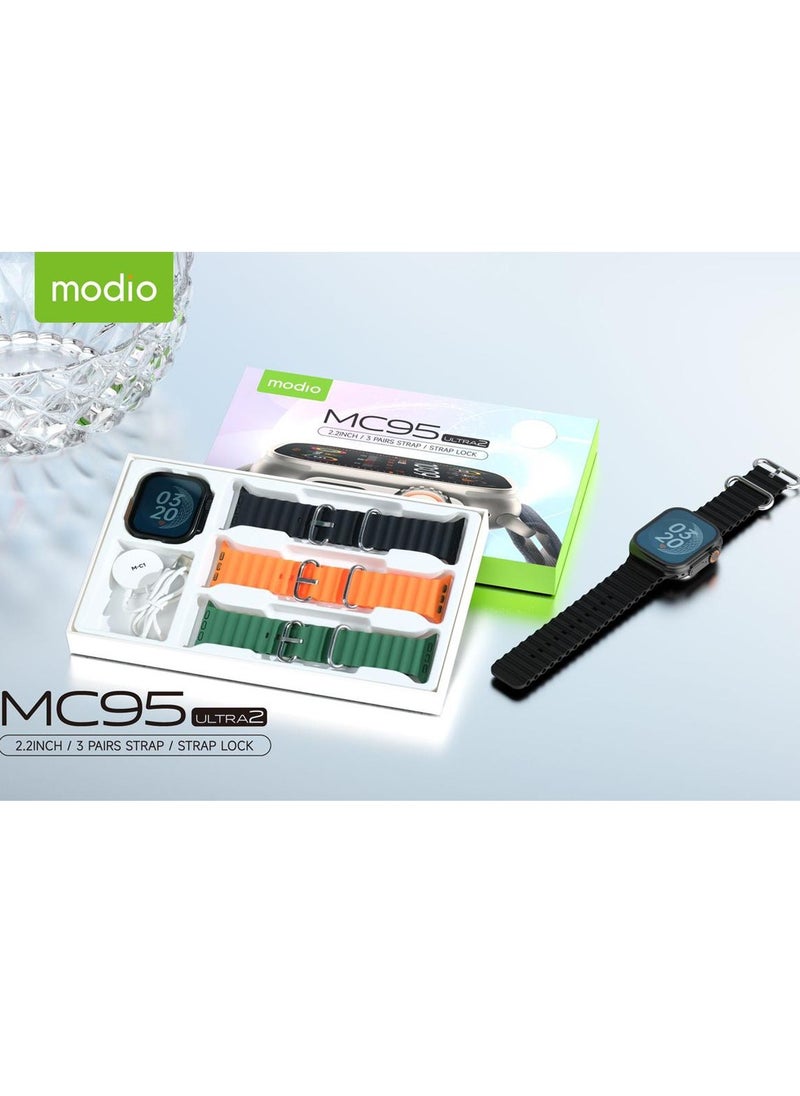 Modio MC95 Ultra 2 2.2 Inch Full Screen Display Smart Watch With 3 Straps and Wireless Charger For Ladies and Gents Black