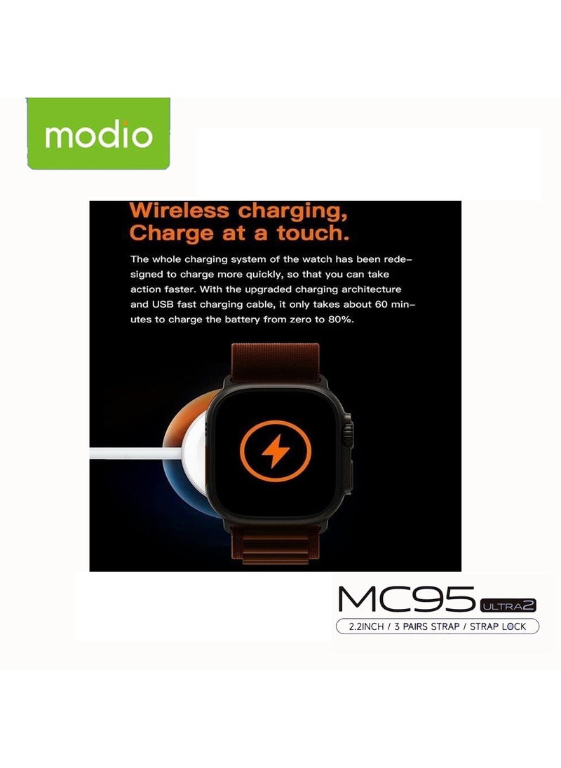 Modio MC95 Ultra 2 2.2 Inch Full Screen Display Smart Watch With 3 Straps and Wireless Charger For Ladies and Gents Black