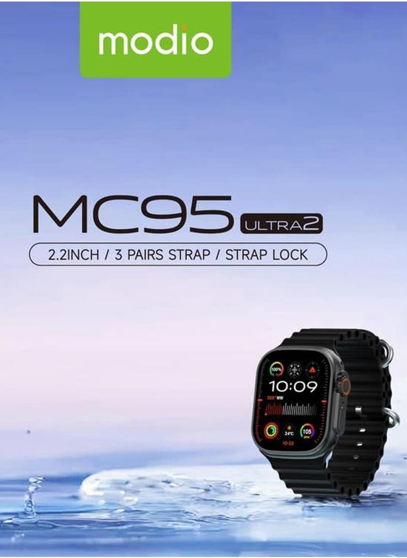 Modio MC95 Ultra 2 2.2 Inch Full Screen Display Smart Watch With 3 Straps and Wireless Charger For Ladies and Gents Black