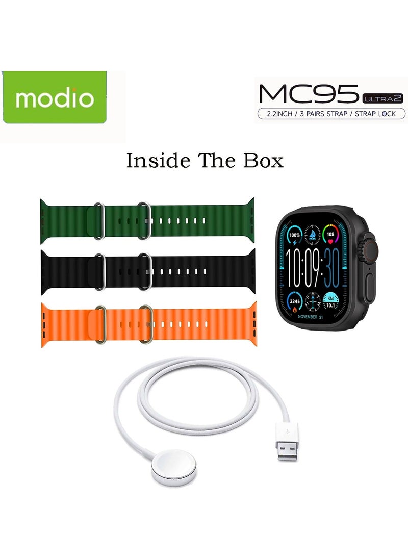 Modio MC95 Ultra 2 2.2 Inch Full Screen Display Smart Watch With 3 Straps and Wireless Charger For Ladies and Gents Black