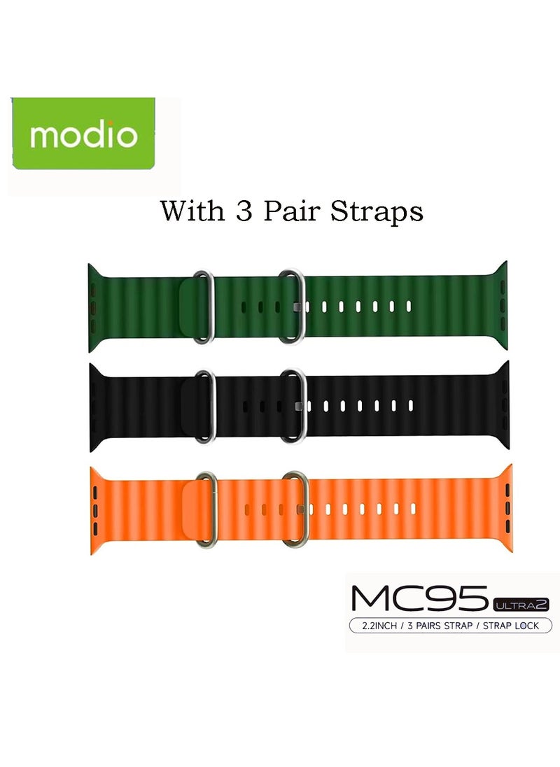 Modio MC95 Ultra 2 2.2 Inch Full Screen Display Smart Watch With 3 Straps and Wireless Charger For Ladies and Gents Black