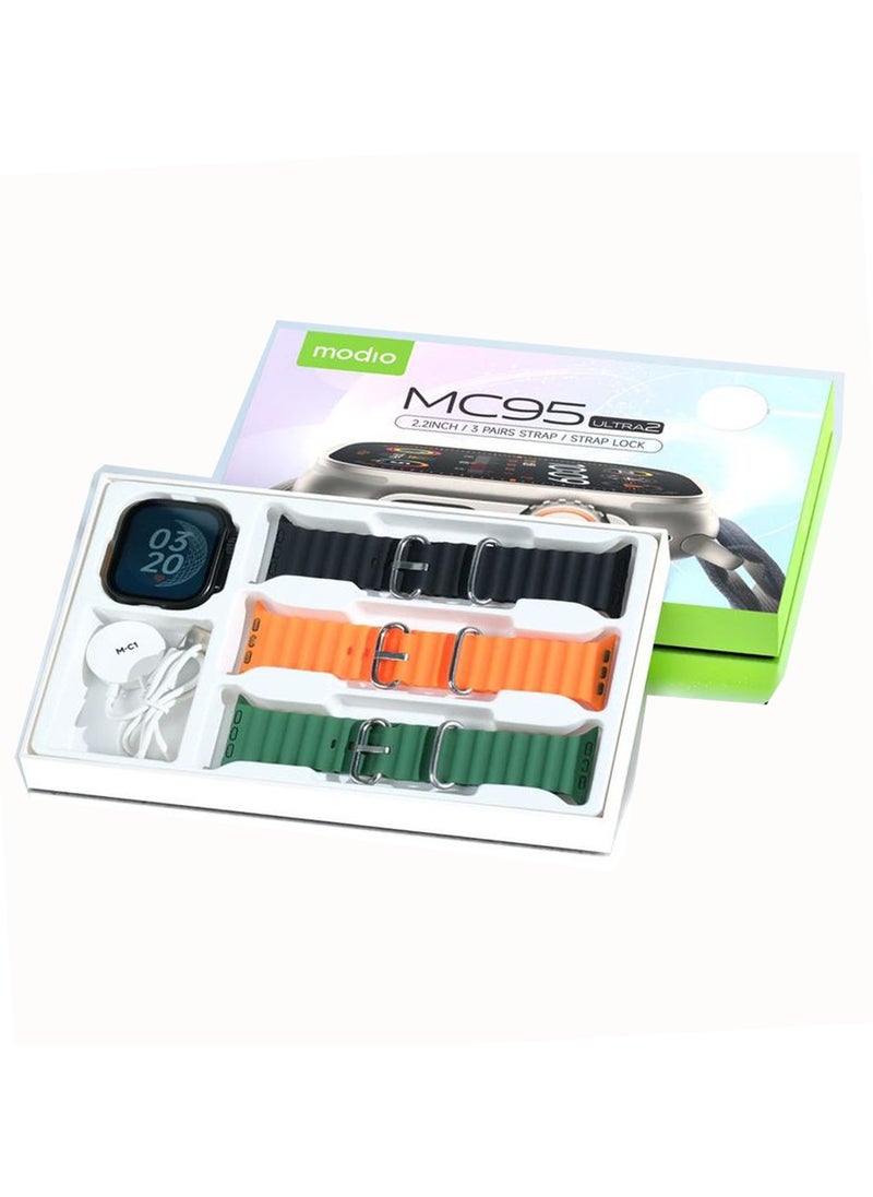 Modio MC95 Ultra 2 2.2 Inch Full Screen Display Smart Watch With 3 Straps and Wireless Charger For Ladies and Gents Black