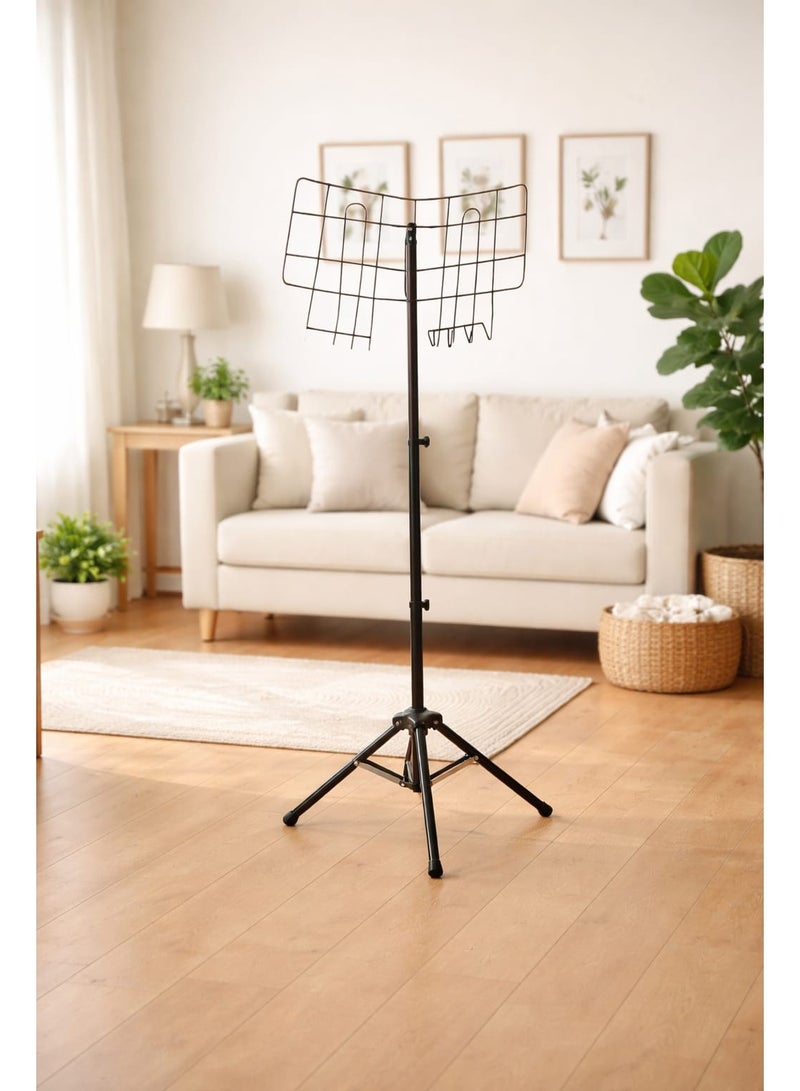 Multi-level metal stand for the Quran, up to 150 cm high, to help the elderly read while standing or sitting. Black color.