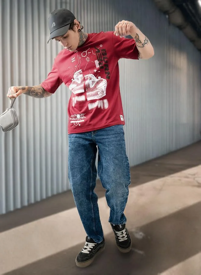 HIGH STAR Moto Racer Graphic Printed Round Neck Short Sleeves Relaxed Fit Cotton T-shirt