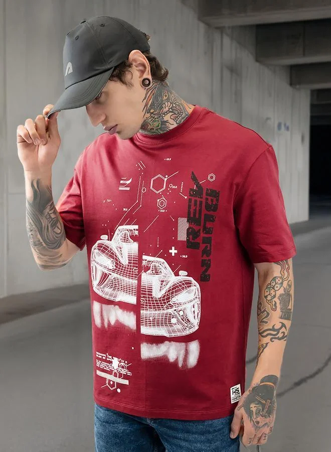 HIGH STAR Moto Racer Graphic Printed Round Neck Short Sleeves Relaxed Fit Cotton T-shirt