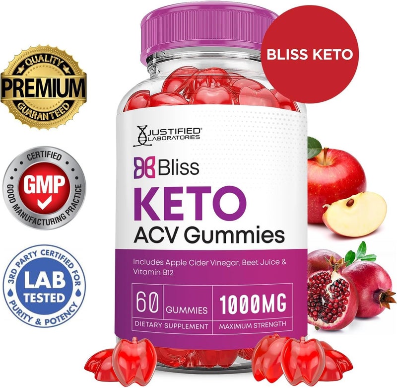 Justified Laboratories Bliss Keto ACV Gummies Advanced Formula 1000MG Bliss Keto Gummies Apple Cider Vinegar Boost Formulated with Pomegranate Beet Juice Powder B12 Vegan Non GMO 60 Gummys - Image 3