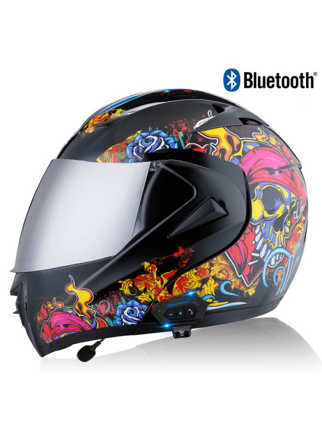 Men's Bluetooth Open-Face Motorcycle Helmet, Bright Black Skull with Silver Mirror Visor
