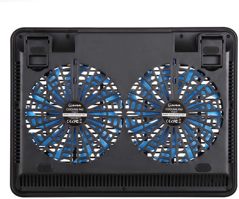 Coolertek Laptop Cooling Pad, Coolertek USB Powered Laptop Cooler, 2 Blue Silent Big Fans, Height Adjustable Non-Slip Laptop Stand with Dual USB 2.0 Ports, Fits 11-17 Inch Notebook - Black (N2) - Image 3