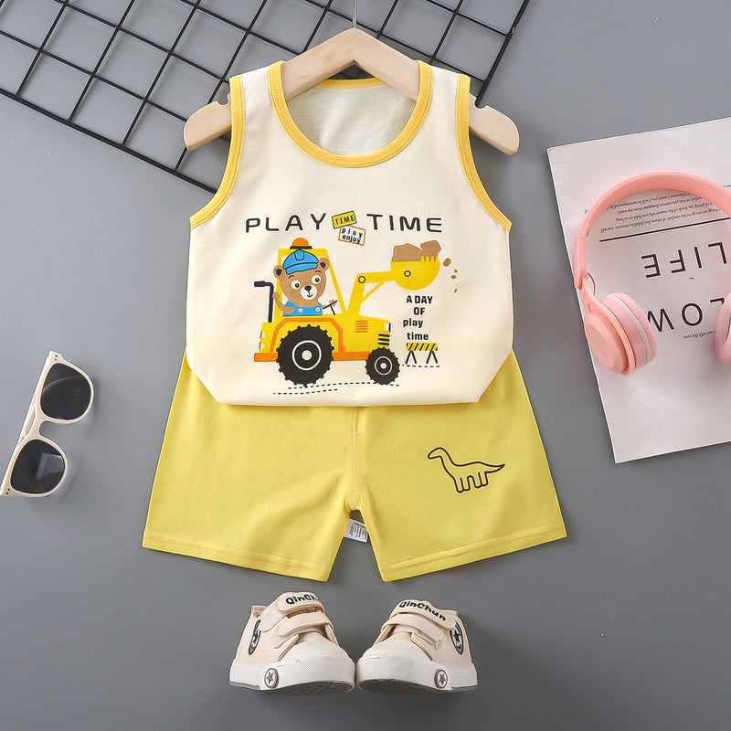Kids Summer Cotton Vest Set E18-Forklift Bear 