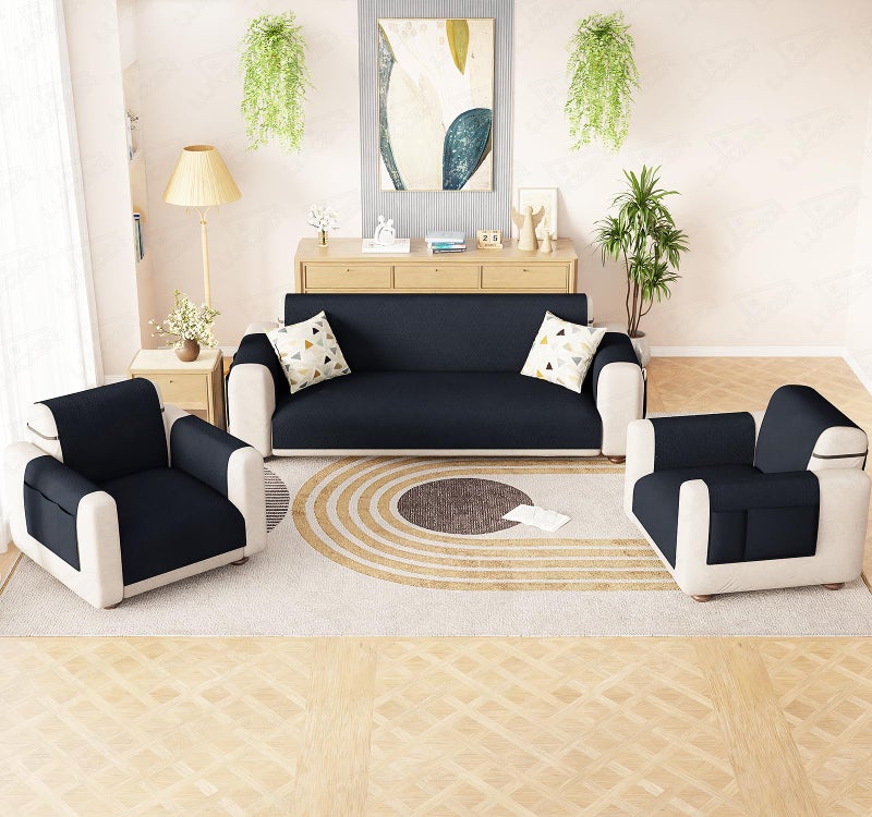 Lukzer 5 Seater Quilted Reversible Sofa Mat with Storage Side Pocket - Stipple Navy Blue | 3+1+1 Seater 350 GSM Polyester Blend Full Coverage with Arms | Machine Washable Sofa Runner (SC-210-05) - Image 3