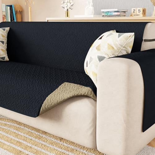 Lukzer 5 Seater Quilted Reversible Sofa Mat with Storage Side Pocket - Stipple Navy Blue | 3+1+1 Seater 350 GSM Polyester Blend Full Coverage with Arms | Machine Washable Sofa Runner (SC-210-05) - Image 1