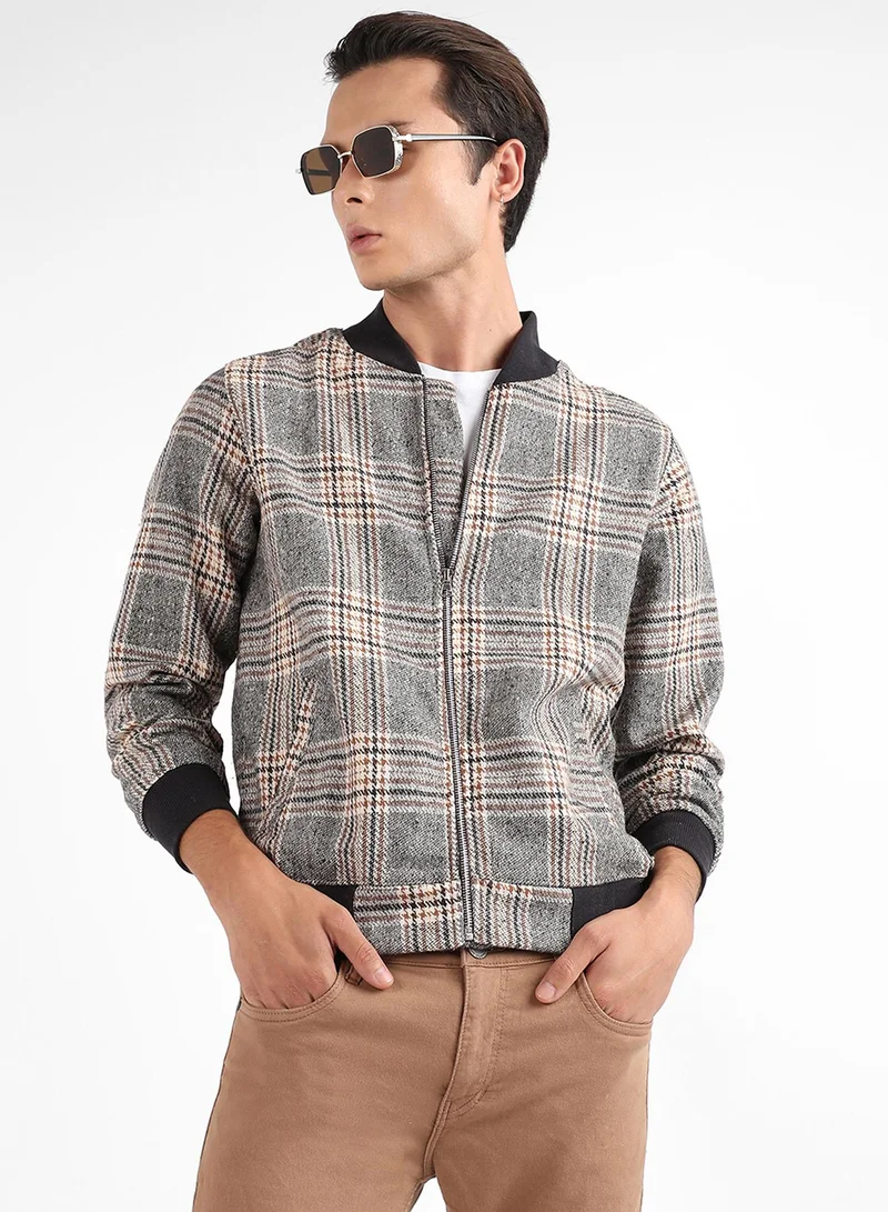 Men's Midnight Black:Mousse Brown Tartan Plaid Bomber Jacket