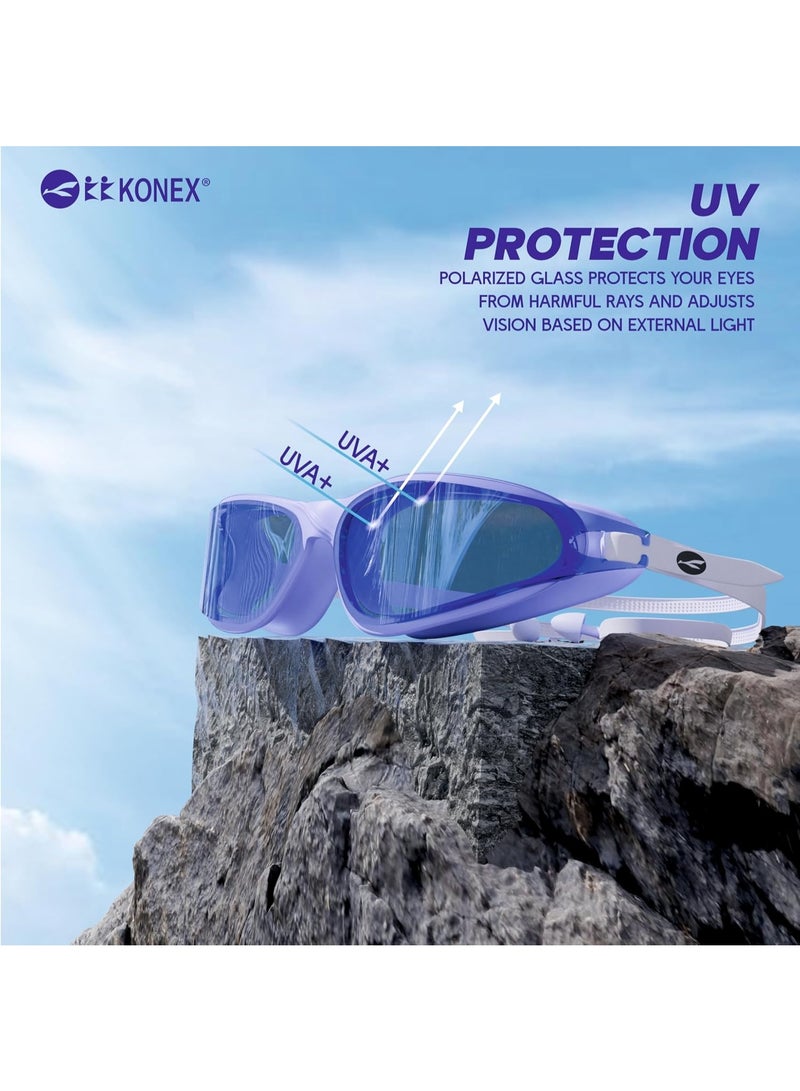 كونيكس نظارات سباحة مقاومة للضباب مع حماية من الأشعة فوق البنفسجية للرجال والنساء | رؤية واسعة مع تقنية مانعة للتسرب | تأتي مع سدادات أذن مرفقة | مثالية للأطفال والبالغين (أزرق) - Image 2