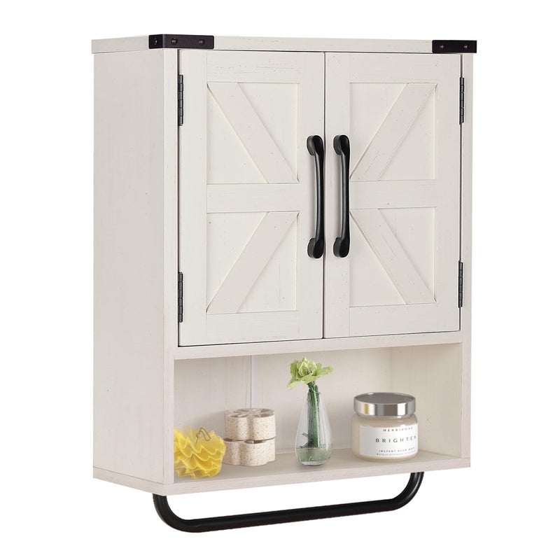 RUSTOWN Farmhouse Wall Storage Cabinet with Two Barn Door Rustic Mounted Medicine Cabinet with Adjustable Shelf and Towel Bar 3Tier Wood Cabinet for Kitchen Bathroom Living Room Vintage White