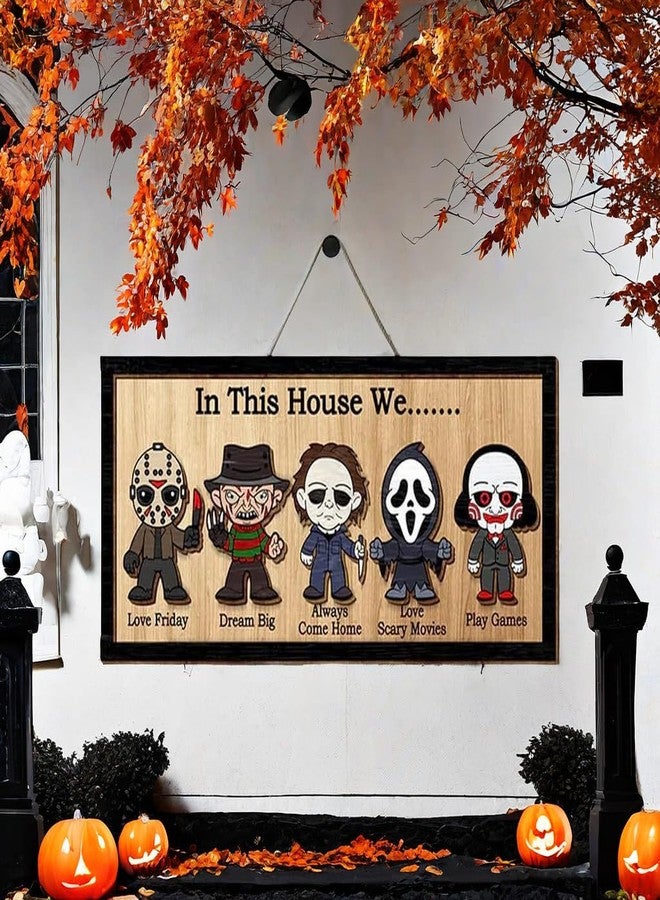 Pujipu In This House We Horror Halloween, 2 Layered Frame Wood Sign, Halloween Signs, Wall Hanging Scary Decorations, Haunted Party, Spooky Movie Characters decor for Indoor Outdoor Wall Desk (HANG) - Image 4