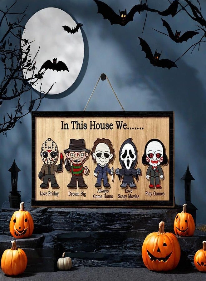Pujipu In This House We Horror Halloween, 2 Layered Frame Wood Sign, Halloween Signs, Wall Hanging Scary Decorations, Haunted Party, Spooky Movie Characters decor for Indoor Outdoor Wall Desk (HANG) - Image 3