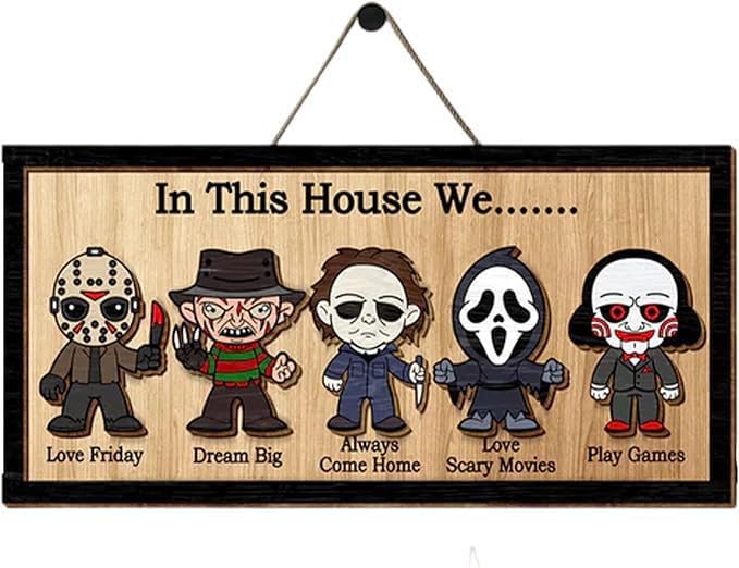 Pujipu In This House We Horror Halloween, 2 Layered Frame Wood Sign, Halloween Signs, Wall Hanging Scary Decorations, Haunted Party, Spooky Movie Characters decor for Indoor Outdoor Wall Desk (HANG) - Image 1
