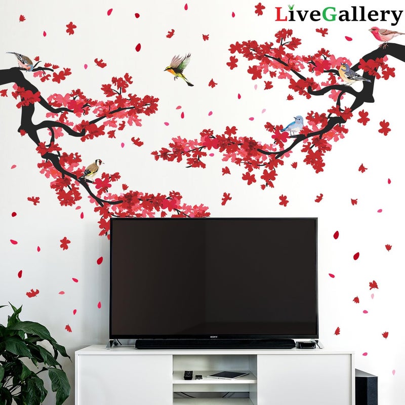 LiveGallery 3D Red Plum Branch Wall Sticker Creative Flower Birds Frolic Pastoral Style Wall Decals Removable Peel and Stick for Kids Girls Bedroom Living Room Office TV Background Classroom Art Wall Decor (A) - Image 2
