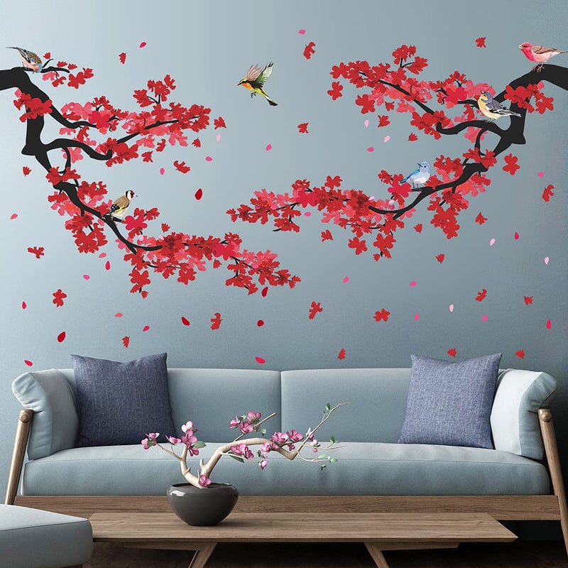 LiveGallery 3D Red Plum Branch Wall Sticker Creative Flower Birds Frolic Pastoral Style Wall Decals Removable Peel and Stick for Kids Girls Bedroom Living Room Office TV Background Classroom Art Wall Decor (A) - Image 1
