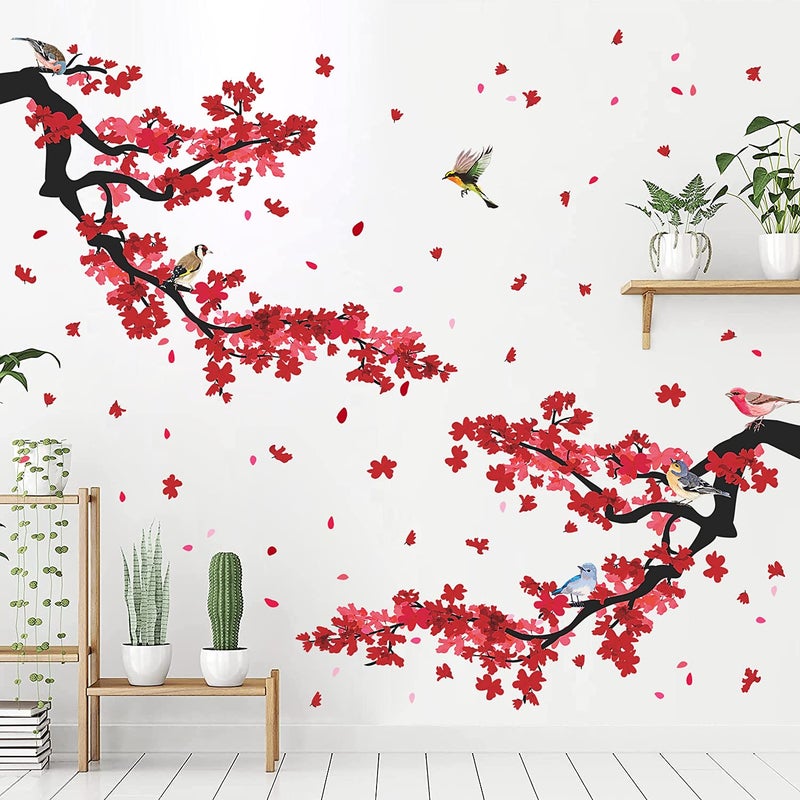 LiveGallery 3D Red Plum Branch Wall Sticker Creative Flower Birds Frolic Pastoral Style Wall Decals Removable Peel and Stick for Kids Girls Bedroom Living Room Office TV Background Classroom Art Wall Decor (A) - Image 5