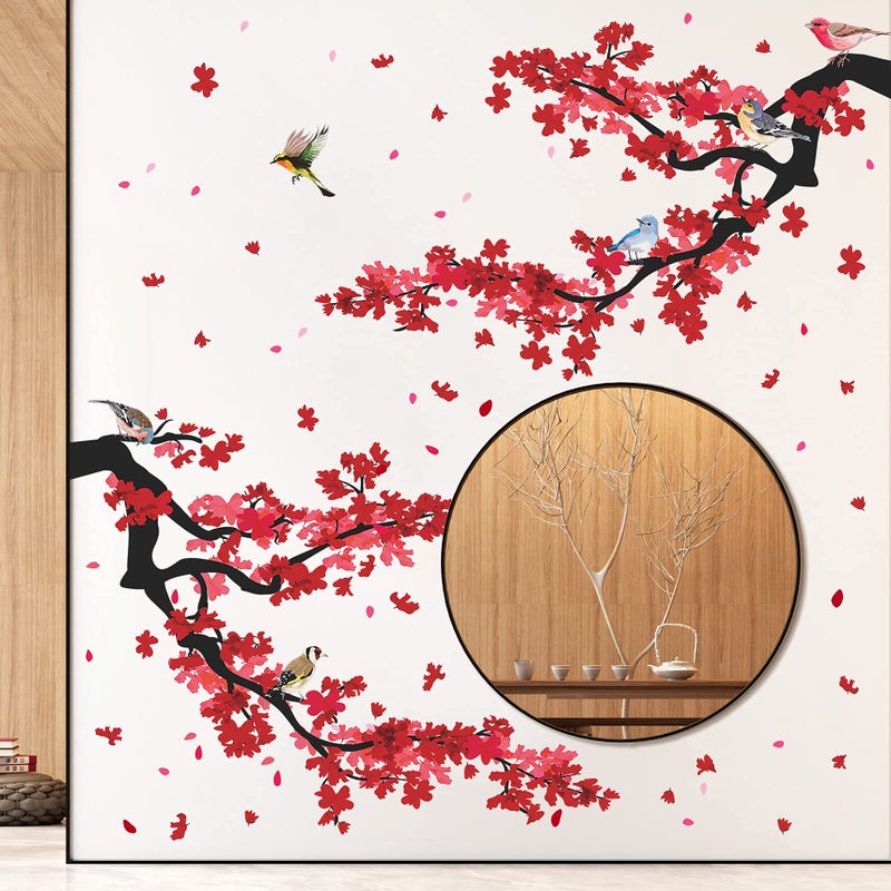 LiveGallery 3D Red Plum Branch Wall Sticker Creative Flower Birds Frolic Pastoral Style Wall Decals Removable Peel and Stick for Kids Girls Bedroom Living Room Office TV Background Classroom Art Wall Decor (A) - Image 3