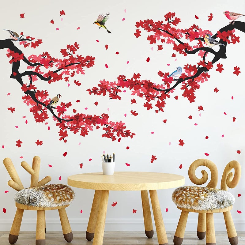 LiveGallery 3D Red Plum Branch Wall Sticker Creative Flower Birds Frolic Pastoral Style Wall Decals Removable Peel and Stick for Kids Girls Bedroom Living Room Office TV Background Classroom Art Wall Decor (A) - Image 4