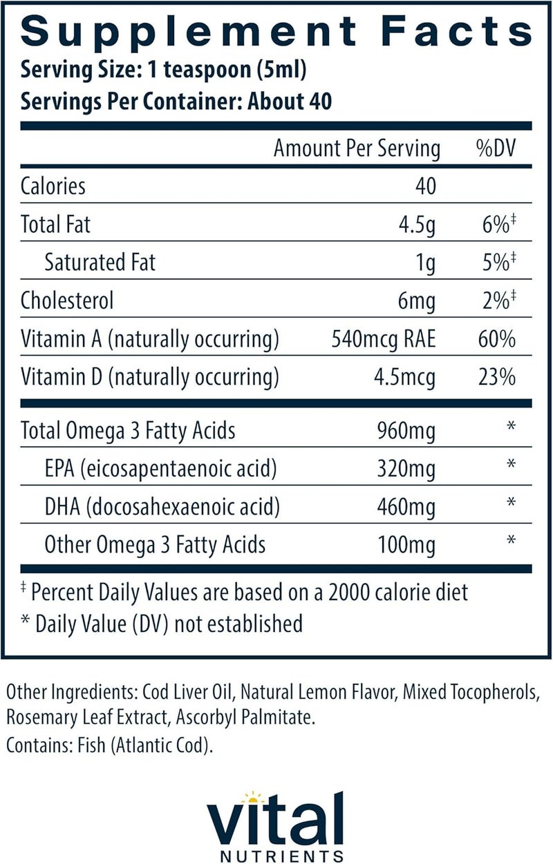 Vital Nutrients Ultra Pure Cod Liver Oil - 200ml Pharmaceutical Grade Norwegian Fish Oil with Vitamins A & D - Image 2