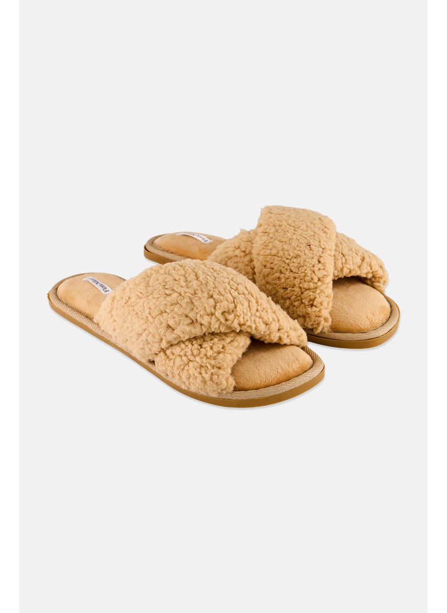 Flora Nikrooz Women Faux Fur Slip On Slippers, Tan  - Image 1